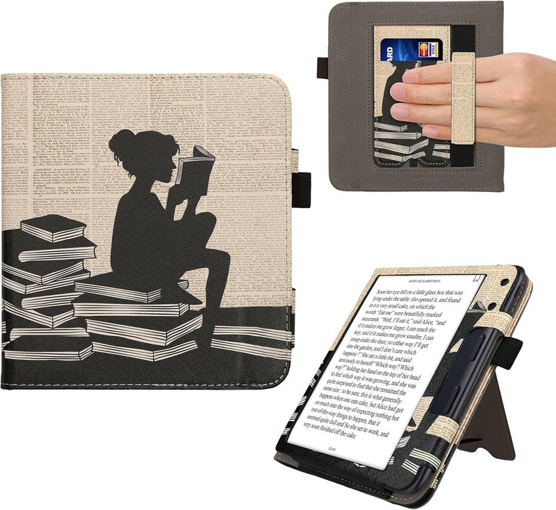 kwmobile Case Compatible with Kobo Libra Colour - Case PU Leather Cover with Magnet Closure, Stand, Strap, Card Slot - Girl and Books Black/Beige - Image 1